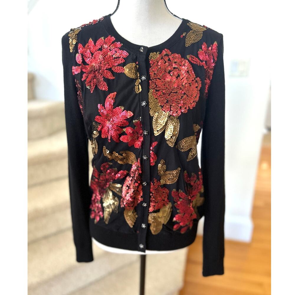 Charter Club Black Red & Gold Sequin Floral Button Down Long Sleeve Cardigan